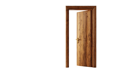 Ajar wooden door with a gold handle, set against a black background, revealing a glimpse inside