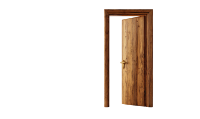 Ajar wooden door with a gold handle, set against a black background, revealing a glimpse inside