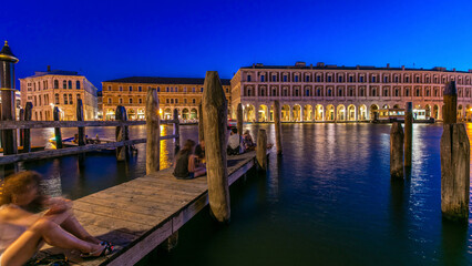 View to Rialto Market day to night timelapse after sunset, Venice, Italy viewed from pier across the Grand Canal © HyperlapsePro