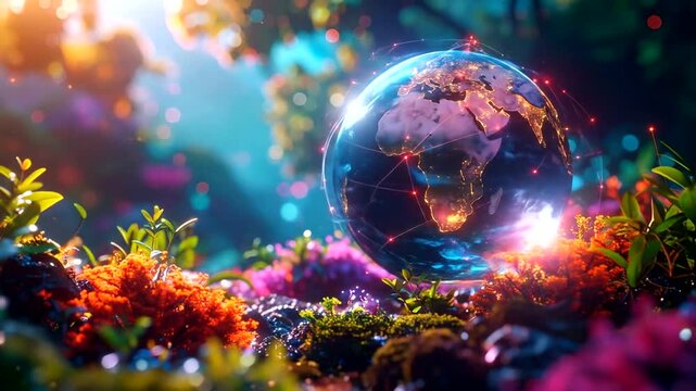 Glowing digital terrestrial sphere resting in lush, vibrant flora