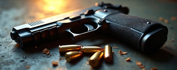 Close-up of black handgun, golden bullets on rough dark surface. Firearm weapon, ammunition ready for action used. Image evokes concepts of danger, crime, self defense. Gun violence, protection,