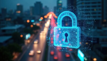 Cyber security concept photo of digital glowing padlock over Bangkok night road. The image symbolizes tech protection and data safety. Business digital safety measures in a city at dusk.