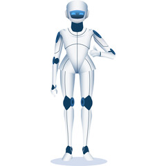 Futuristic Robot Character Standing With Thumbs Up In A White Studio With Subtle Blue Accents And Digital Display On Its Head