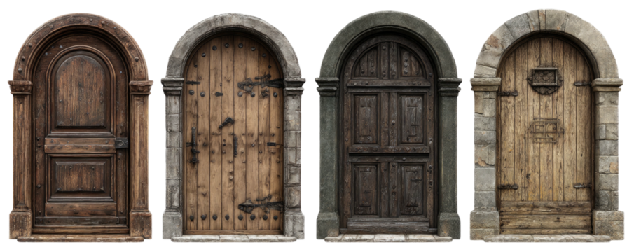 Four ornate, arched wooden doors, each with a unique design and varying levels of wear and texture