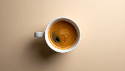 An overhead view of a white ceramic mug filled with rich, brown liquid, and a dark swirl, resting on a muted beige surface