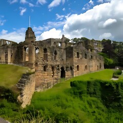 Ancient stone castle ruin, grassy embankment against a bright blue sky. Sunlit walls and green hills compose the picturesque medieval scene