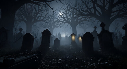 Haunted graveyard with tombstones and fog at night
