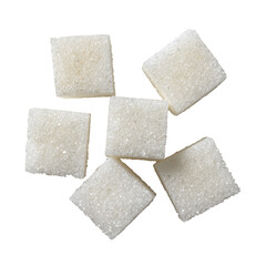 Overhead shot of six white, square sugar cubes arranged against a stark black background