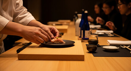 Fototapeta premium Chef meticulously preparing a dish in a restaurant setting, serving customers.