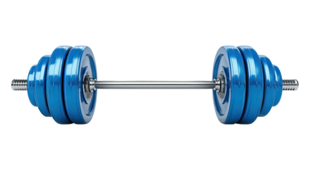 A vibrant, isolated barbell with shiny blue plates, ready for weightlifting exercises, training, health