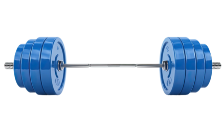 Digital illustration of a barbell with blue weight plates on each end, set against black