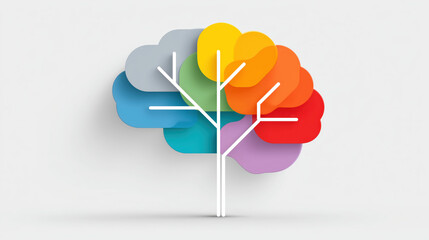 Brain model with different color areas connected by tree structure. Mental health and creativity concept.