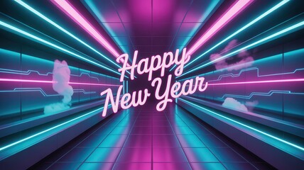 Futuristic neon tunnel with happy new year text glowing brightly digital art