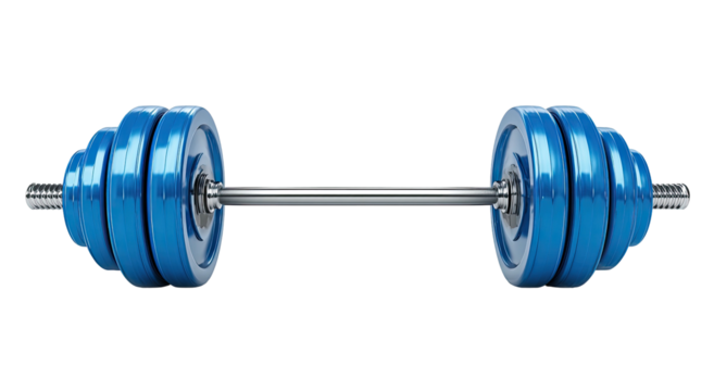 A vibrant, isolated barbell with shiny blue plates, ready for weightlifting exercises, training, health - Powered by Adobe