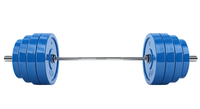 Digital illustration of a barbell with blue weight plates on each end, set against black