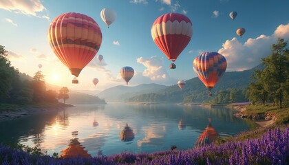 Fototapeta premium Colorful hot air balloons float over calm lake at sunrise. Lush green hills and purple flowers surround water reflecting sky. Peaceful morning nature scene.