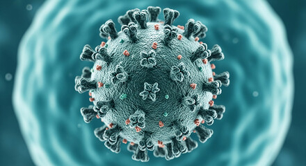 Detailed microscopic image of virus particle, teal and red tones, showcasing its complex structure, representing disease and health research