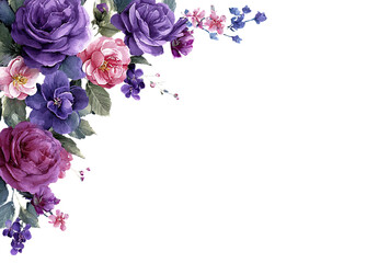 Elegant floral corner arrangement, featuring rich purple and pink blossoms with green foliage against black