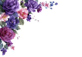 Elegant floral corner arrangement, featuring rich purple and pink blossoms with green foliage against black