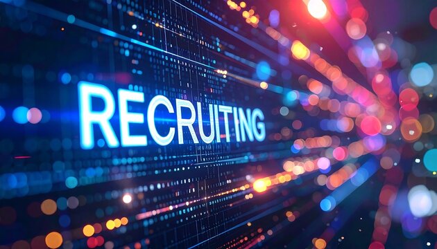 Abstract visualization of modern recruiting and human resources, featuring glowing blue text amidst a dynamic stream of digital data and shimmering bokeh lights