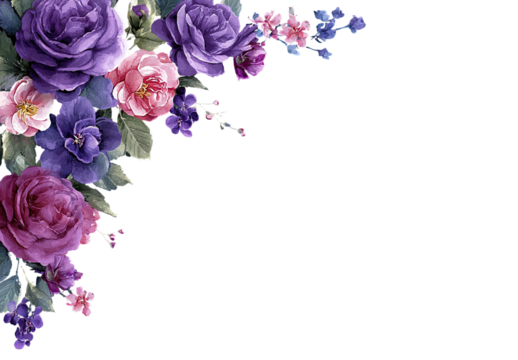 Elegant floral corner arrangement, featuring rich purple and pink blossoms with green foliage against black