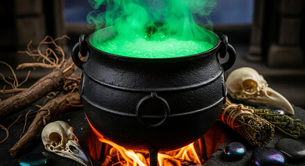 Witch cauldron bubbling with green magical potion

