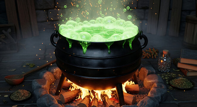 Witch cauldron bubbling with green magical potion
