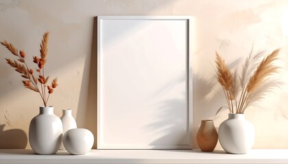Minimalist Home Decor with Dried Flowers and Blank Frame.