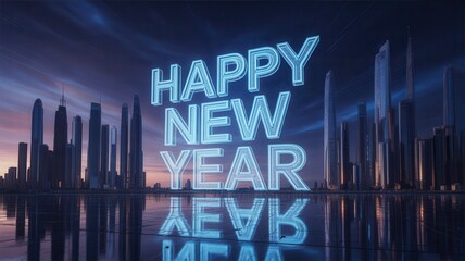 Vibrant neon happy new year cityscape reflection celebration festive light display