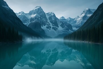 Fototapeta premium Turquoise glacier lake reflecting snowy mountain peaks and pine forests in calm cinematic atmosphere