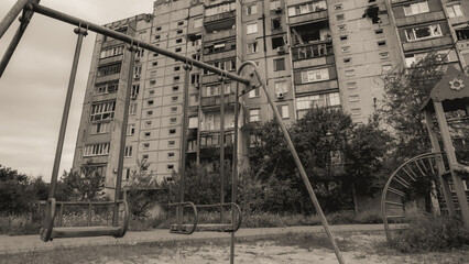 ruined street and destroyed houses the city Kiev war in Ukraine