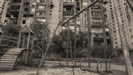 ruined street and destroyed houses the city Kiev war in Ukraine