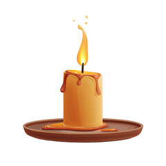 A detailed, cartoon candle burning with a flickering flame, melting wax on a dark brown dish