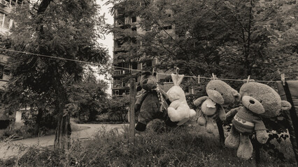 ruined street and destroyed houses the city Kiev war in Ukraine
