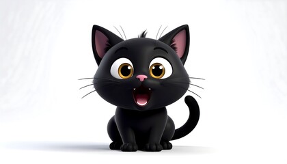 Animated, black cartoon cat sits upright with mouth open, large eyes, small pink nose, and curved tail against a white background