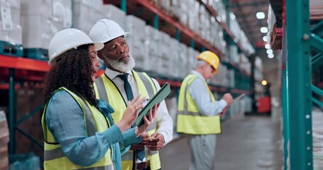 Logistics, tablet or people with inspection in warehouse for order accuracy, stock update or teamwork. Shipping manager, supervisor or digital app for quality control, operations management or export - Powered by Adobe