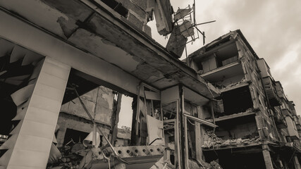 ruined street and destroyed houses the city Kiev war in Ukraine