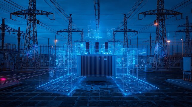 Illuminated electrical transformer at a power substation with transmission towers at night time