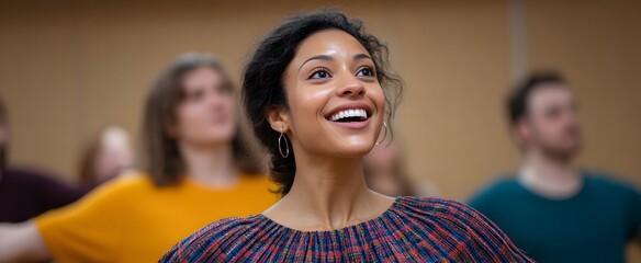 A multicultural dance group radiates joyful energy while passionately rehearsing choreography indoors