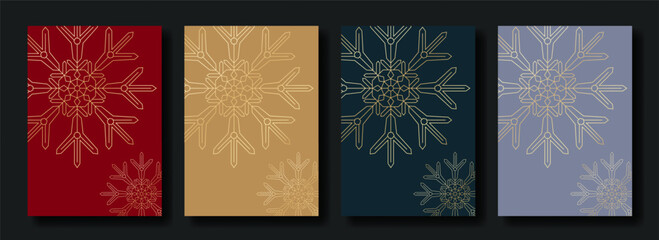 Minimalist premium Christmas and New Year greeting card with golden snowflake of red, beige, dark and grey background. Vector vertical template of modern minimal business style, stylish design.