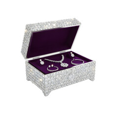 Ornate diamond encrusted jewelry box filled with sparkling necklaces and bracelets isolated on transparent background