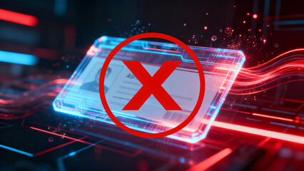 Holographic card with a bold red X symbolizes resistance to totalitarian government overreach, fraud, illegal surveillance and halting of personal funds over political beliefs and forced digital IDs