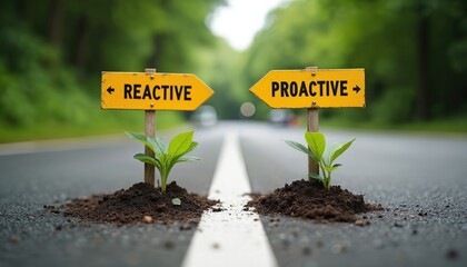 Image presents roadside signs labeled Reactive and Proactive with plants growing beside each. It conveys contrasting concepts of choice decision and the impact on growth and future.