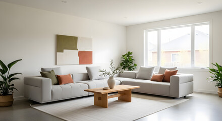 Fototapeta premium Elegant modern living room with stylish sofa and natural light, perfect for relaxing