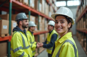 Smiling young woman warehouse worker in safety helmet poses for photo. Female worker stands in large storage space alongside co-workers. Distribution employees team at work.