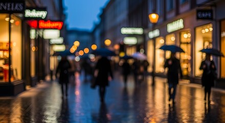 Rainy City Street with Blurred People Umbrellas Bokeh Lights Bakery Shops Evening