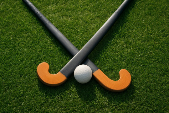 Two crossed field hockey sticks and a white ball resting on vibrant green artificial turf - Powered by Adobe