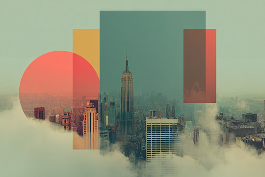 Abstract cityscape overlay with geometric shapes and iconic skyscraper in a soft, atmospheric haze