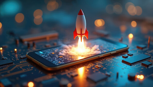 Rocket launch from smartphone with circuit board. Innovation tech startup launch concept. Digital transformation visualization. Futuristic technology, communication aerospace industry trends. New