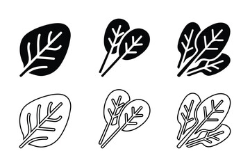 Spinach Leaves and Healthy Food Icons Set.